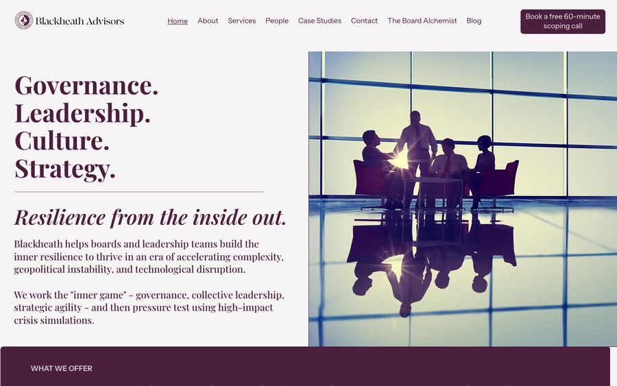 The Blackheath Advisors homepage: serif headings reading Governance, Leadership, Culture, Strategy, beside a boardroom photograph.