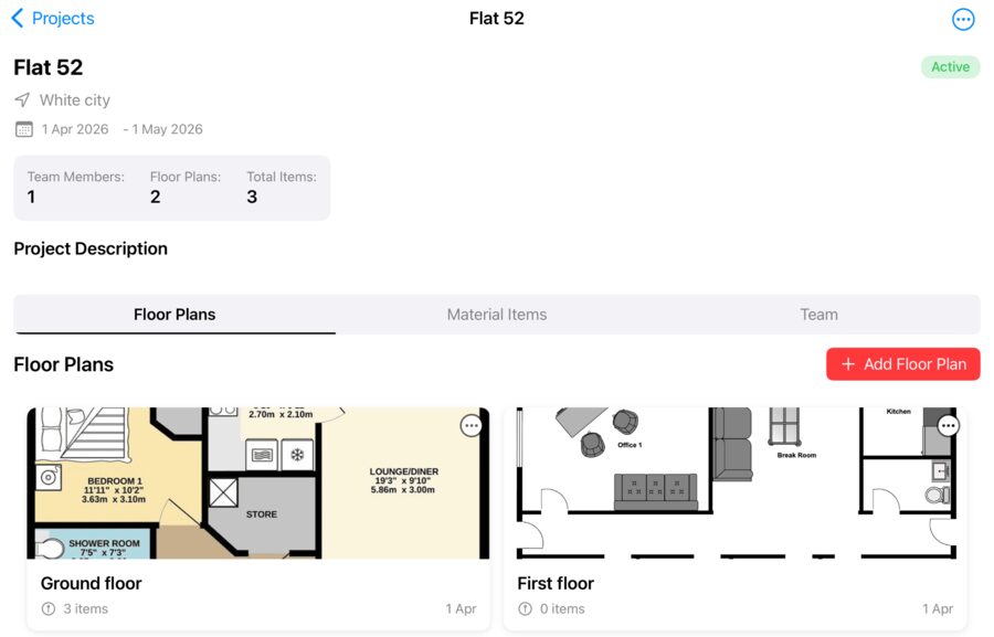 Material Audit on iPad: a project called Flat 52 showing team members, floor plan count and item count, with two floor plan thumbnails below.