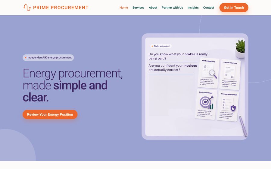 The Prime Procurement homepage: a violet hero reading &ldquo;Energy procurement, made simple and clear.&rdquo;