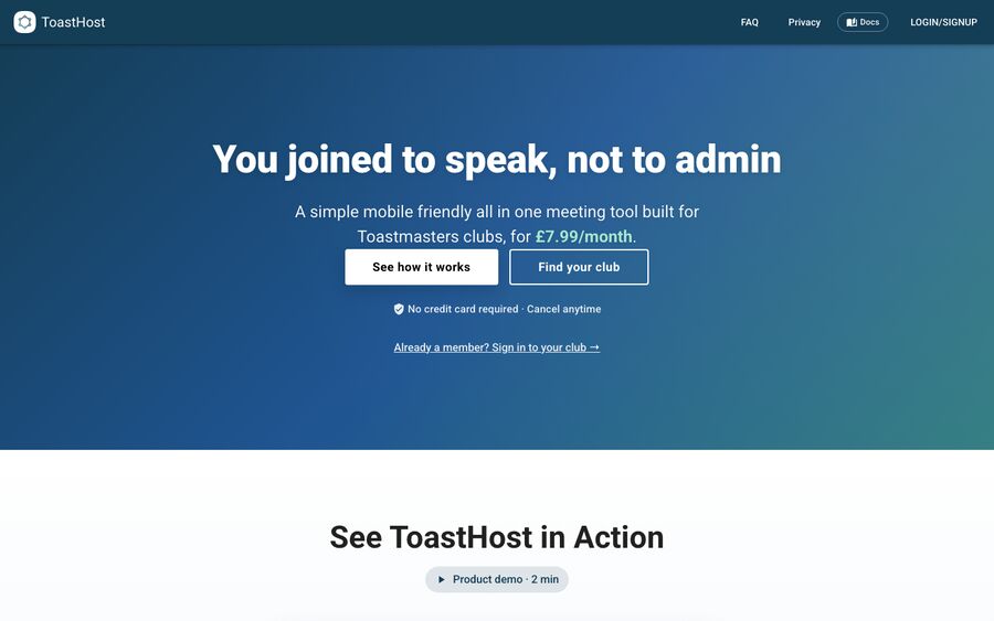 The ToastHost homepage: a deep blue hero reading &ldquo;You joined to speak, not to admin.&rdquo;