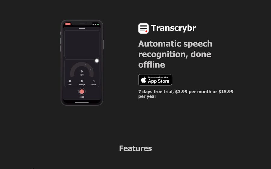 The Transcrybr site: an iPhone showing live transcription with a words-per-minute dial, beside a Download on the App Store badge.